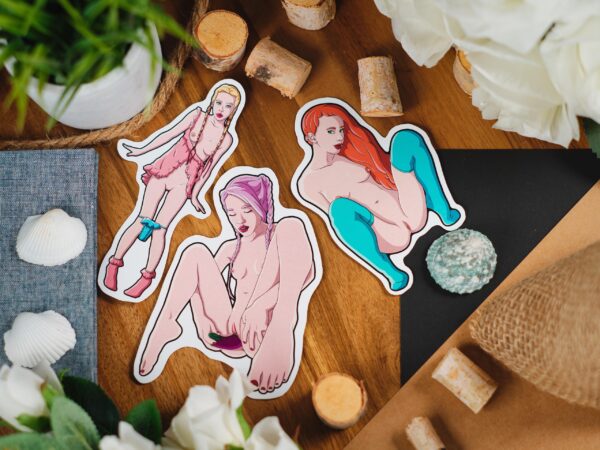 Sticker bundle featuring sexy, petite women with edgy and sensual erotic designs, including nude depictions of breasts, buttocks, and explicit NSFW themes.